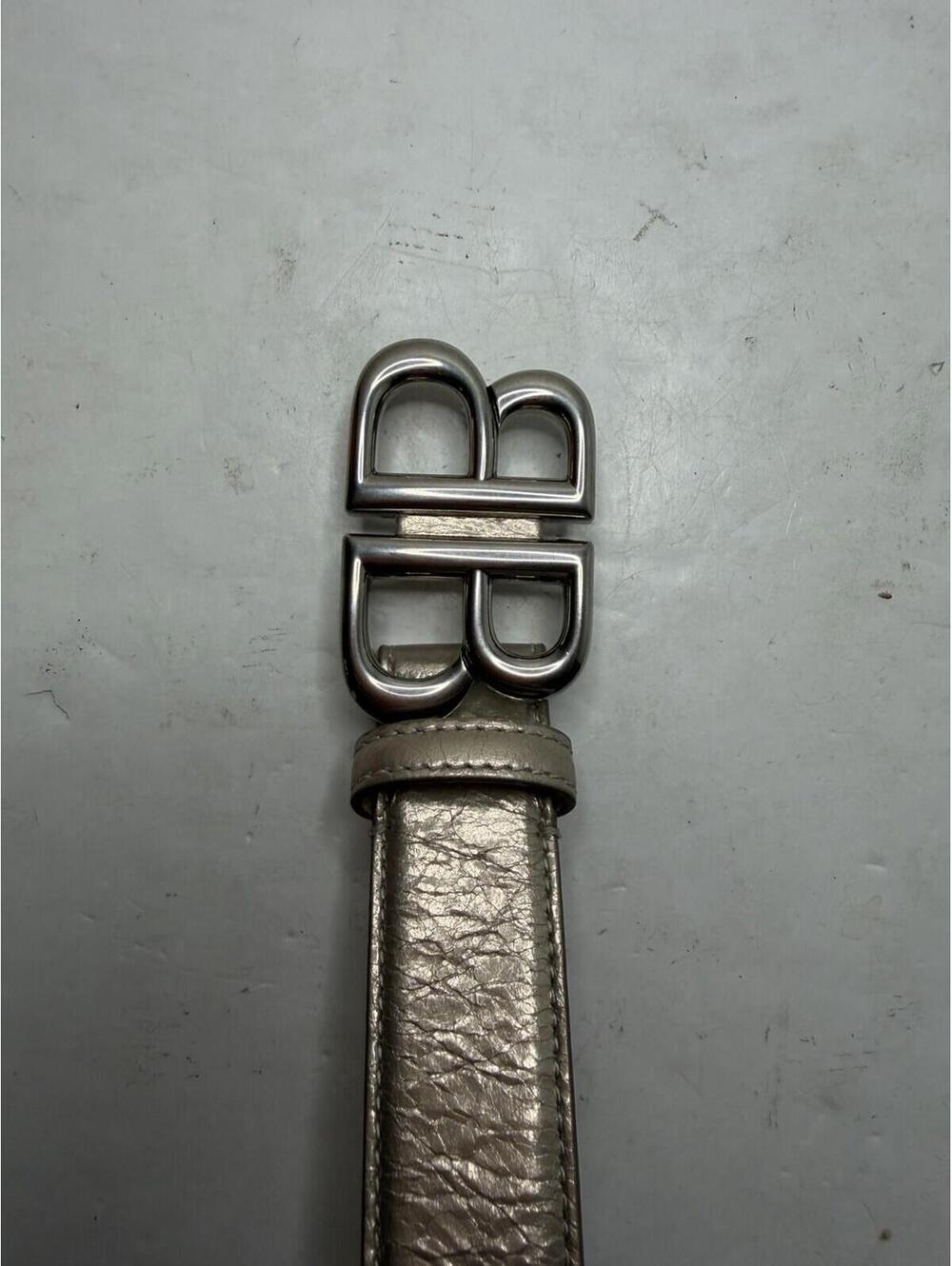 Balenciaga BB Logo Belt Metallic Arena Calfskin Stone Beige 75cm New Tags - Picture 3 of 7